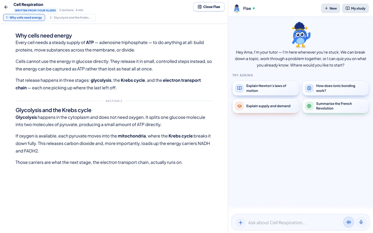 The note on the left, the real AI tutor open on the right, greeting the student by name