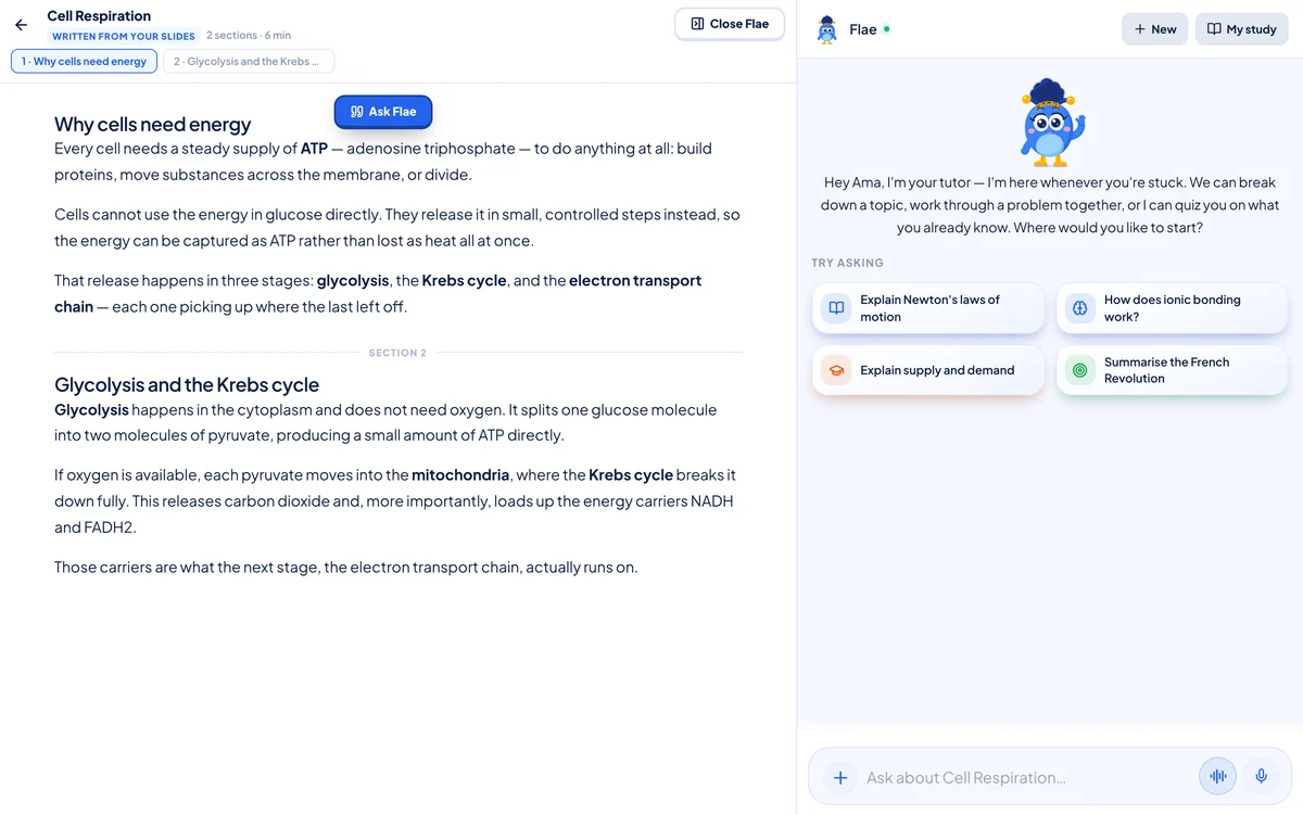 A passage of the note highlighted, with a floating "Ask Flae" button above it