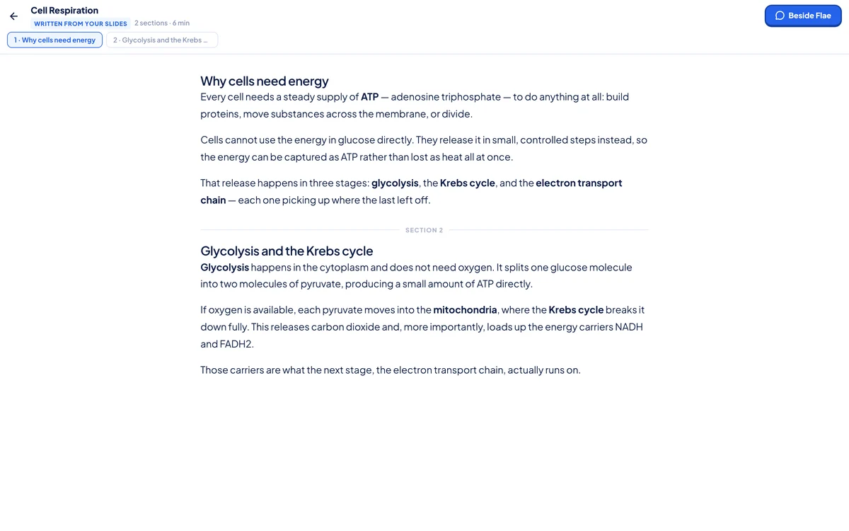 A course note open full-screen, with a "Beside Flae" button in the top right corner