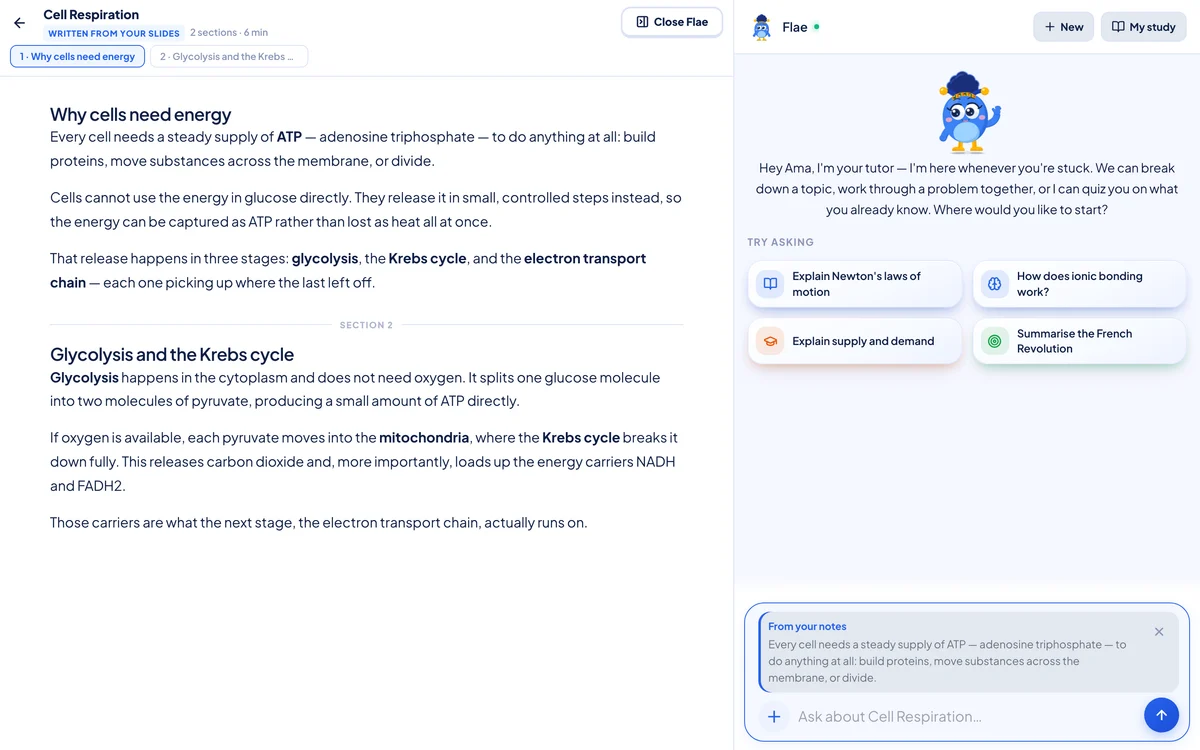 The highlighted passage loaded into the tutor as a "From your notes" quote card, above the message box