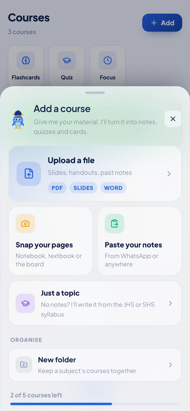 The Add a course sheet, with Just a topic as the fourth option