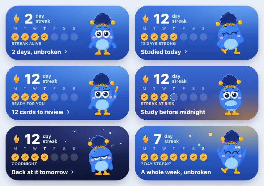 The study widget in all six moods