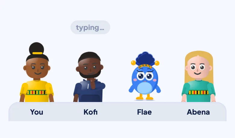 A study room: three mates and Flae at the table, with one mate typing