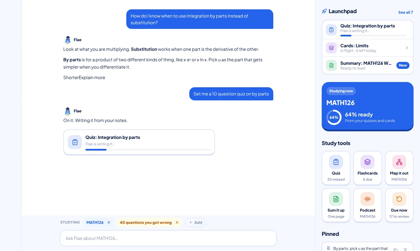 Flae answers "On it. Writing it from your notes." while the new quiz shows a progress bar in the Launchpad