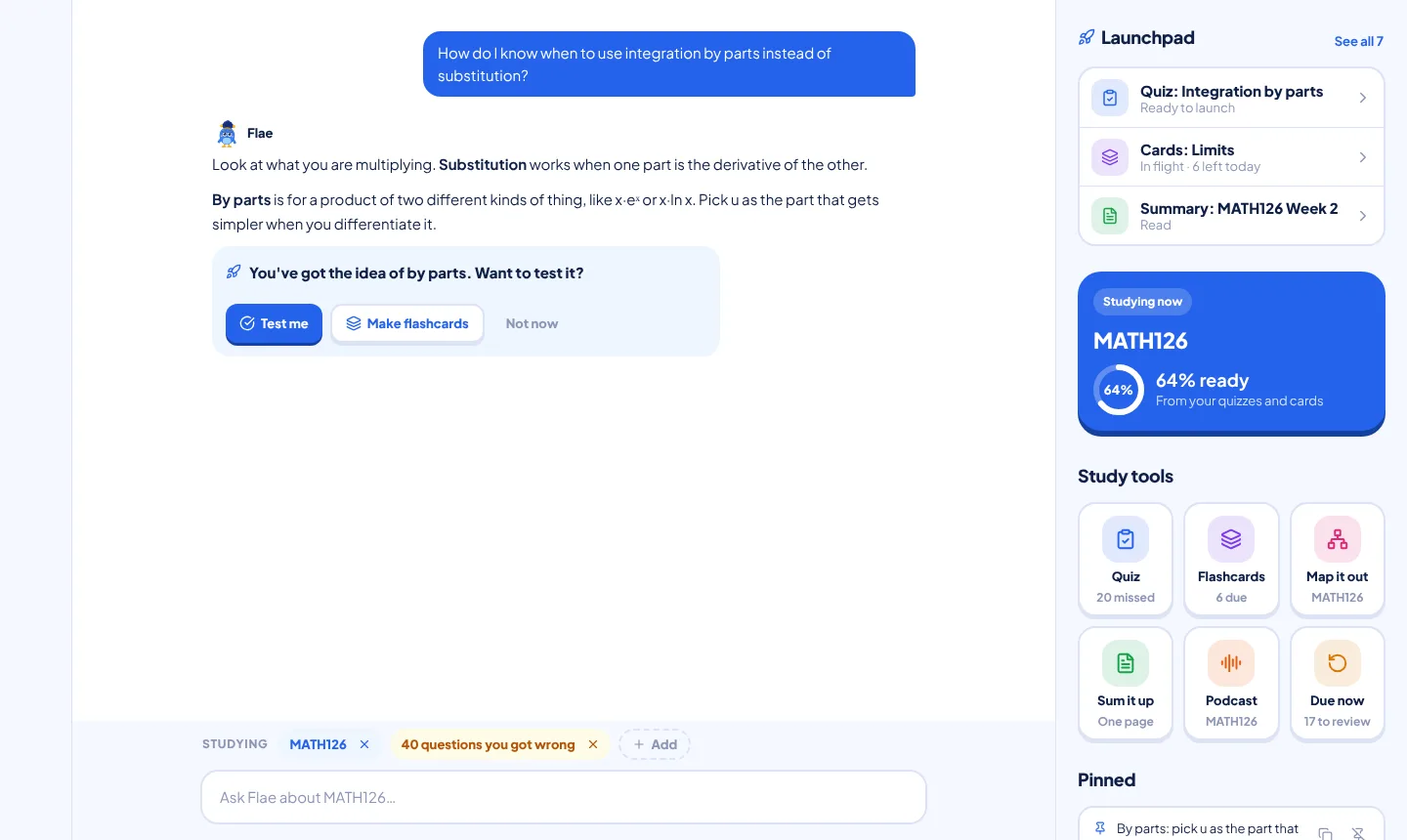 Flae asking "Want to test it?" under an explanation, with Test me, Make flashcards and Not now