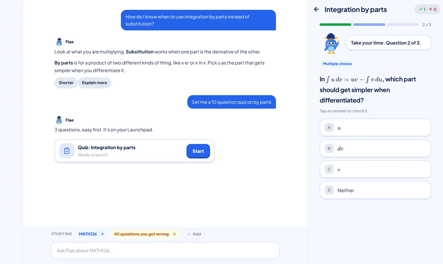 A quiz open in the side panel on question 2, with the chat still in view on the left